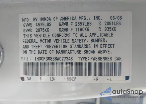 2008 Honda Accord 3.5 Ex-L z USA, uszkodzony, nr VIN 1HGCP36838A077346